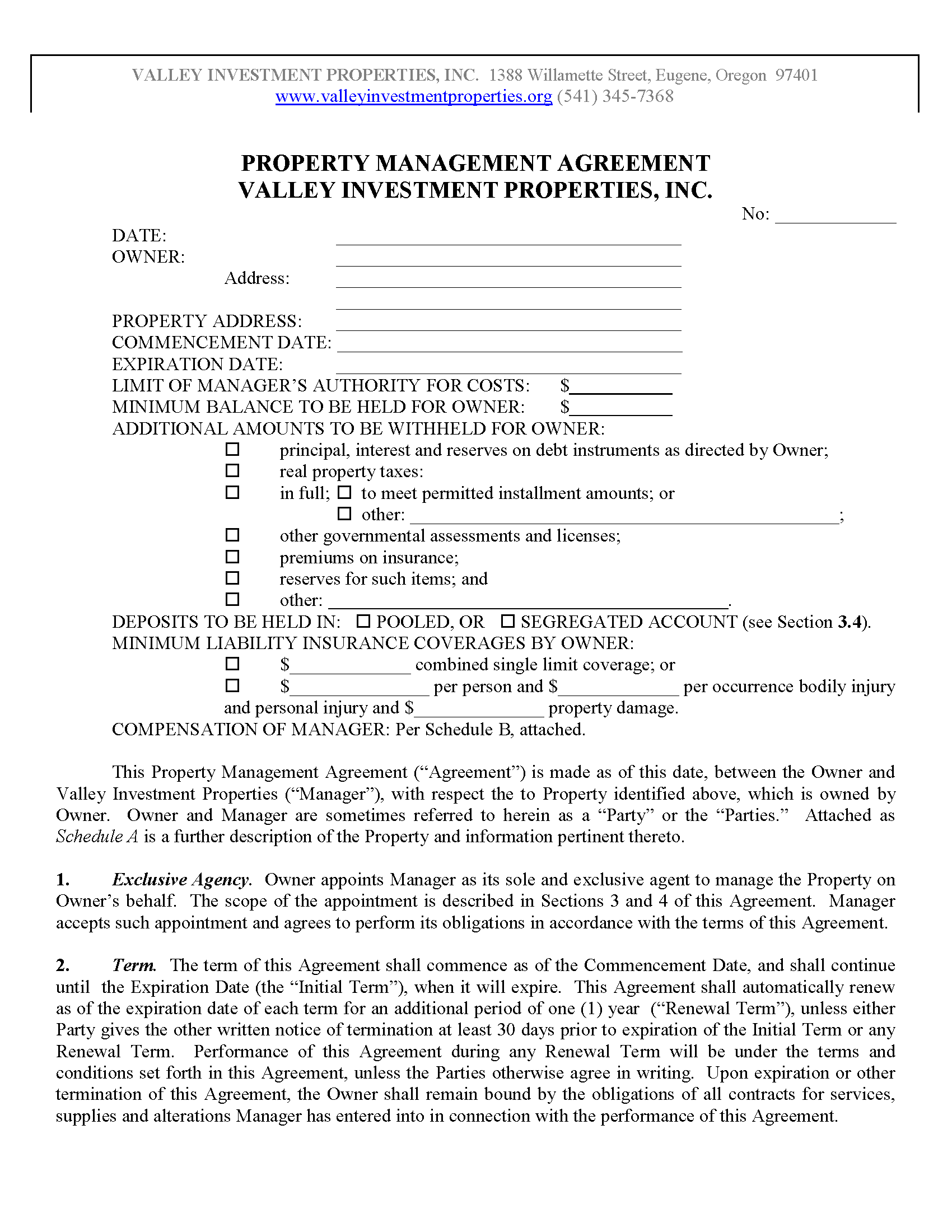 Free Oregon Property Management Agreement Commercial & Residential