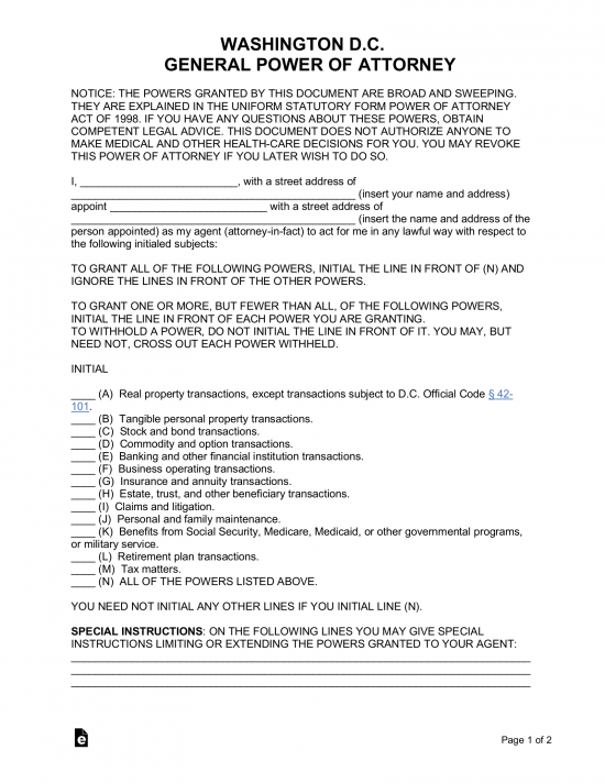 Free Washington D.C. Power of Attorney Forms (11 Types) - PDF | Word ...