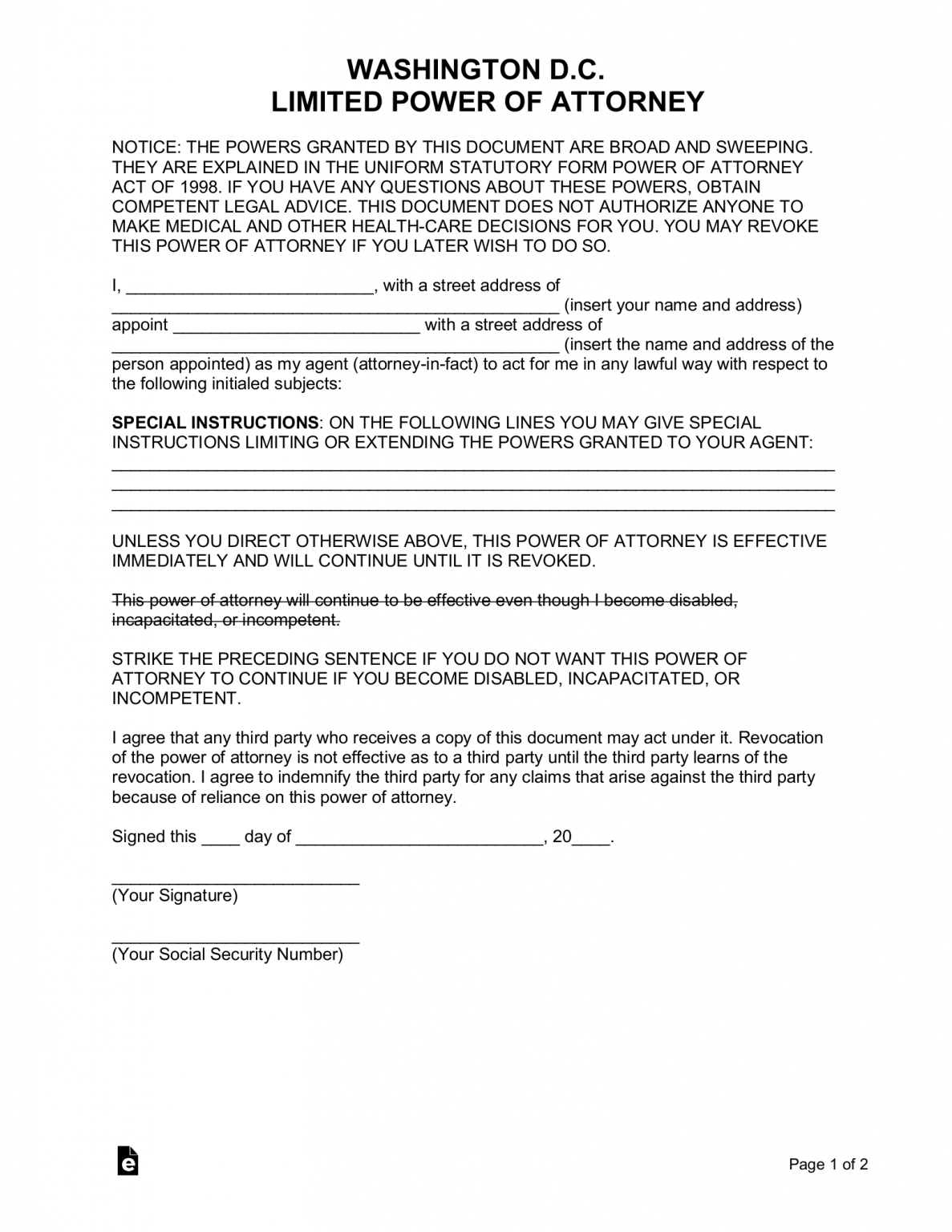 Free Washington D.C. Limited Power of Attorney Form - PDF | Word – eForms