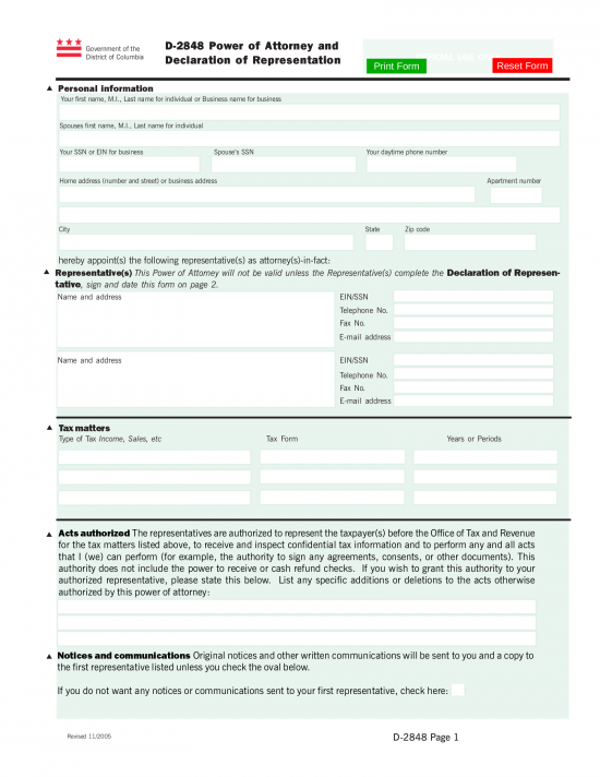 Washington D.C. Tax Power of Attorney (Form D-2848)