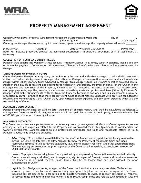 Free Wisconsin Property Management Agreement | Commercial & Residential ...