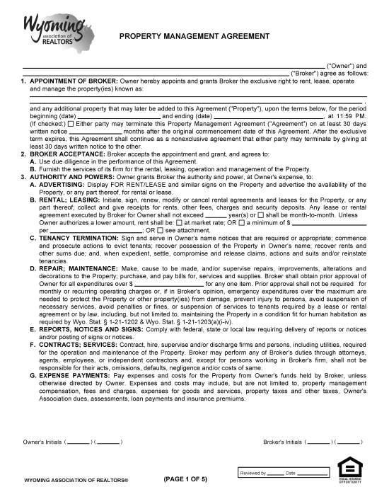 Free Wyoming Property Management Agreement Commercial & Residential