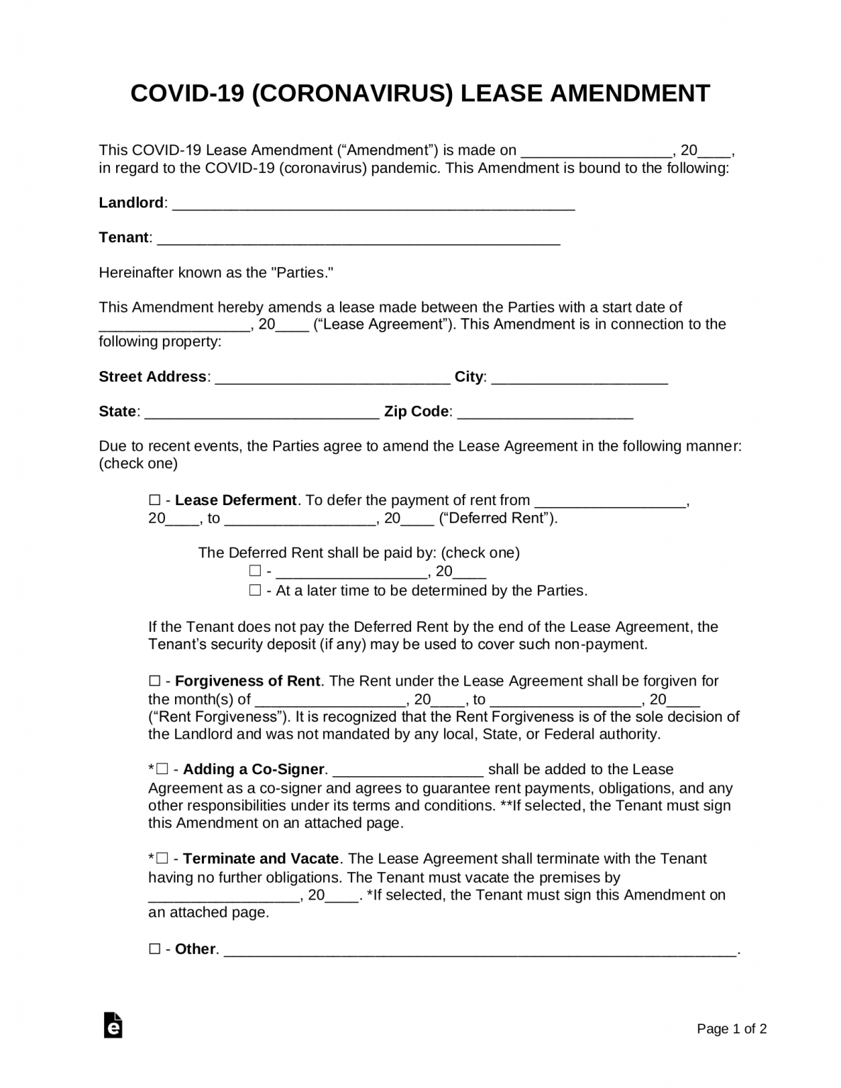 Free COVID19 (Coronavirus) Lease Amendment Form PDF Word eForms