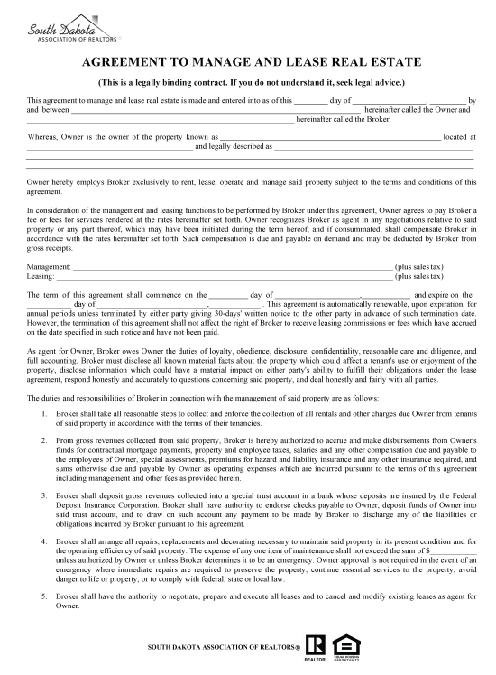 Free South Dakota Property Management Agreement Commercial