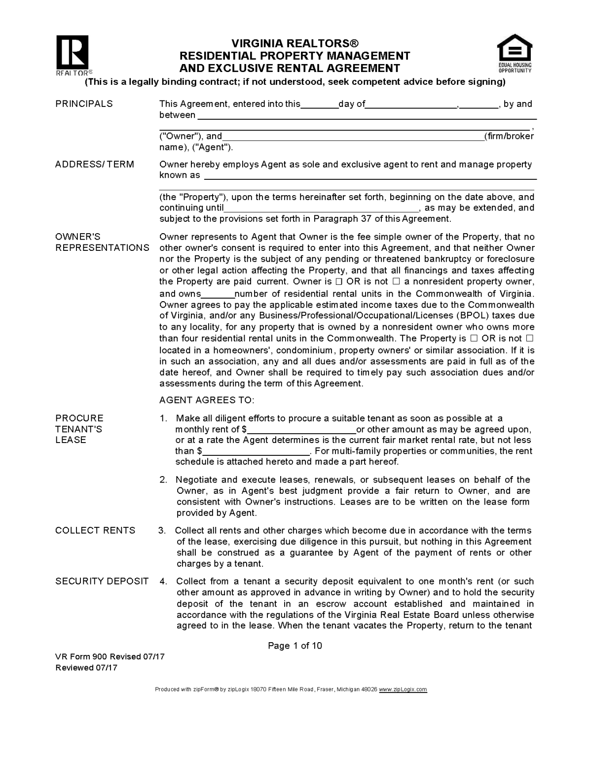 Free Virginia Property Management Agreement Commercial & Residential