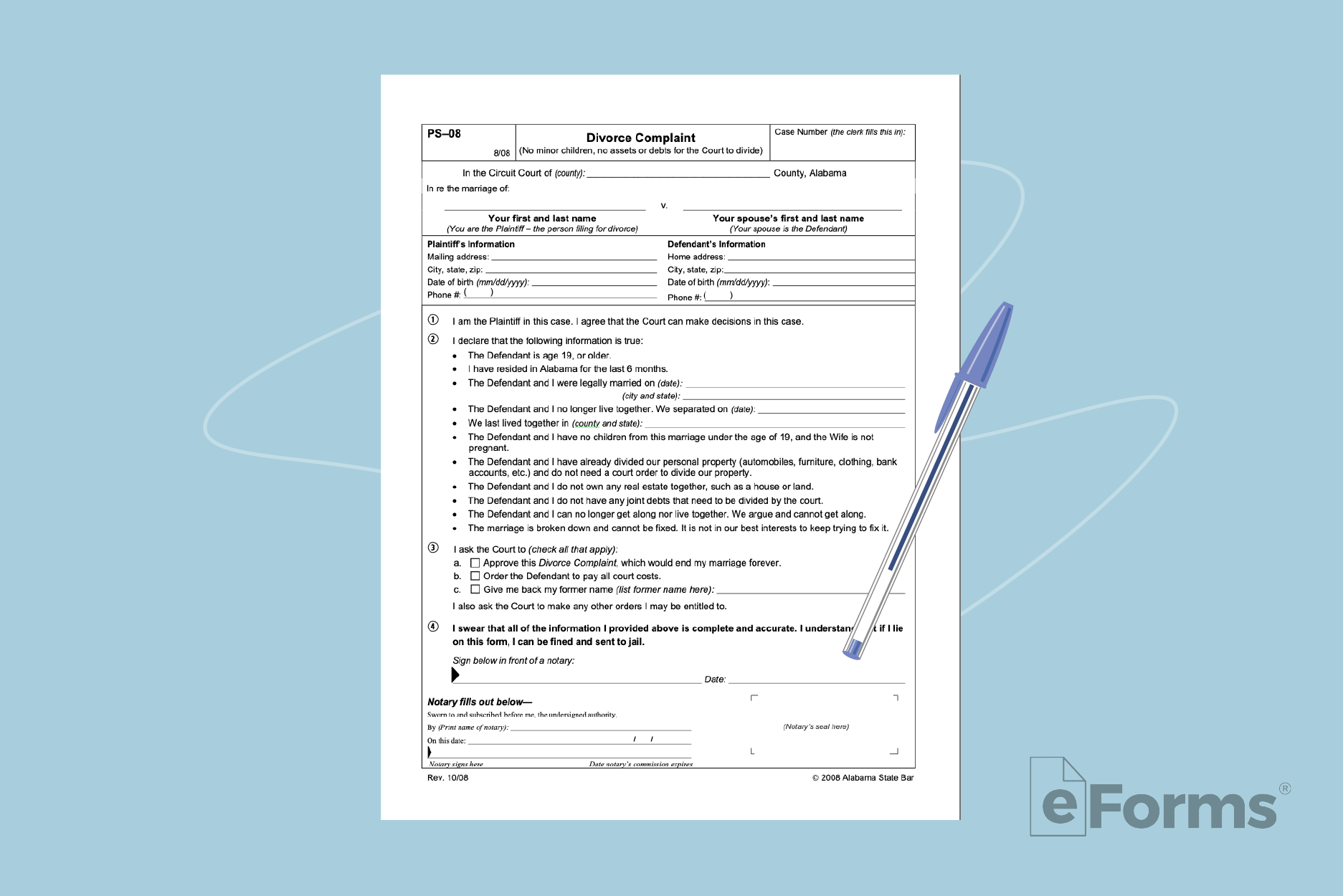 Divorce form with ball point pen.