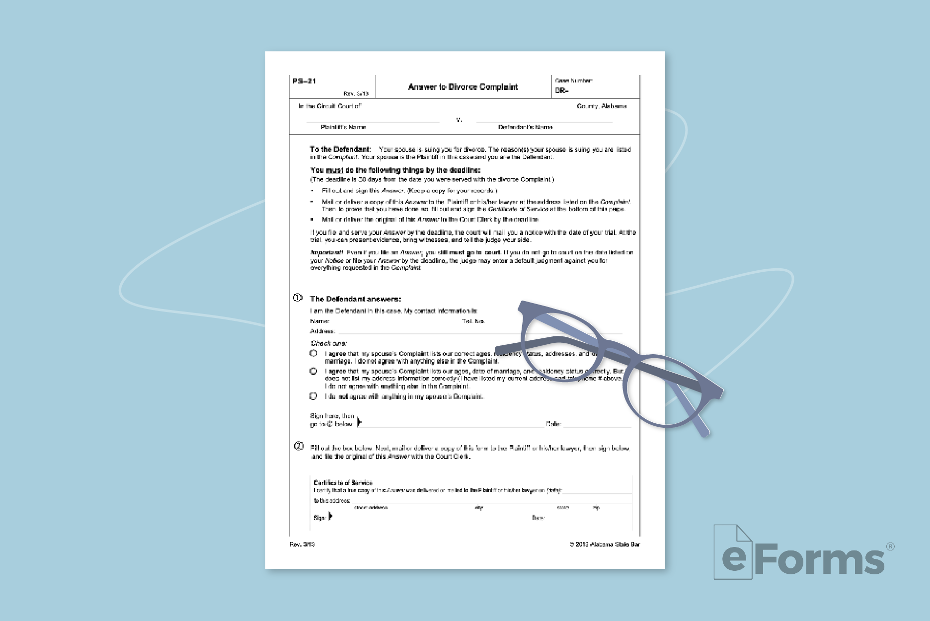 Defendant's Answer form with pair of reading glasses.