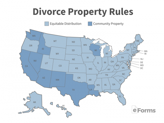 map of US showing equitable distribution vs community property