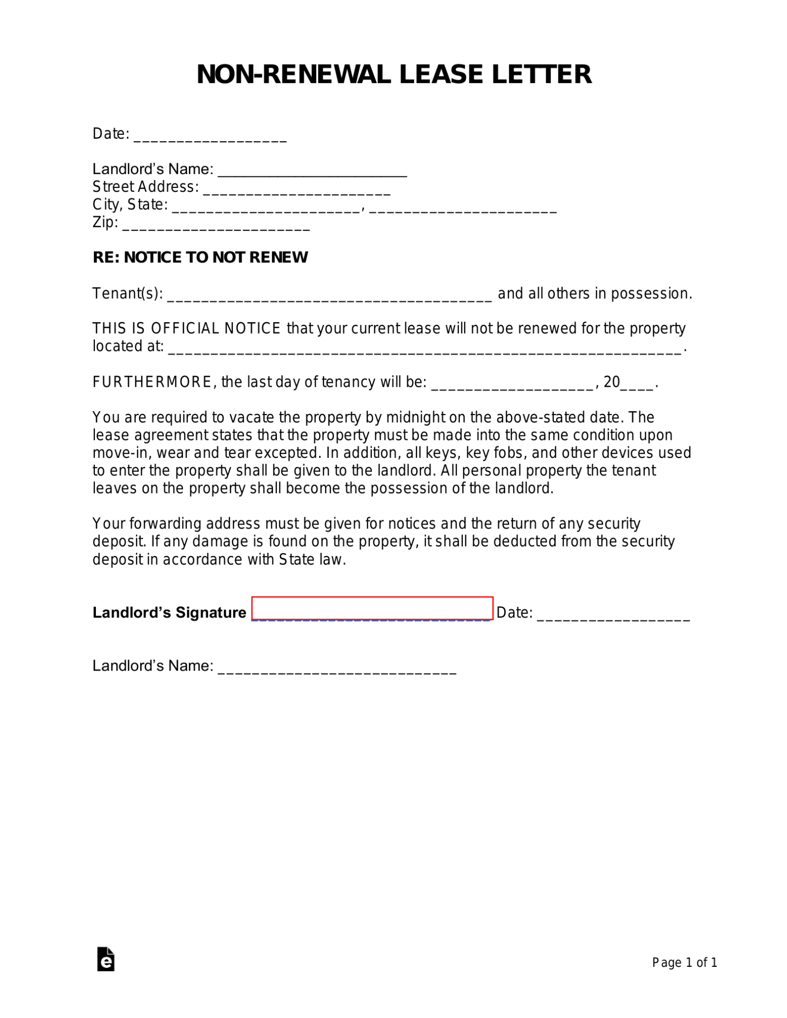 Non Renewal Of Lease Template