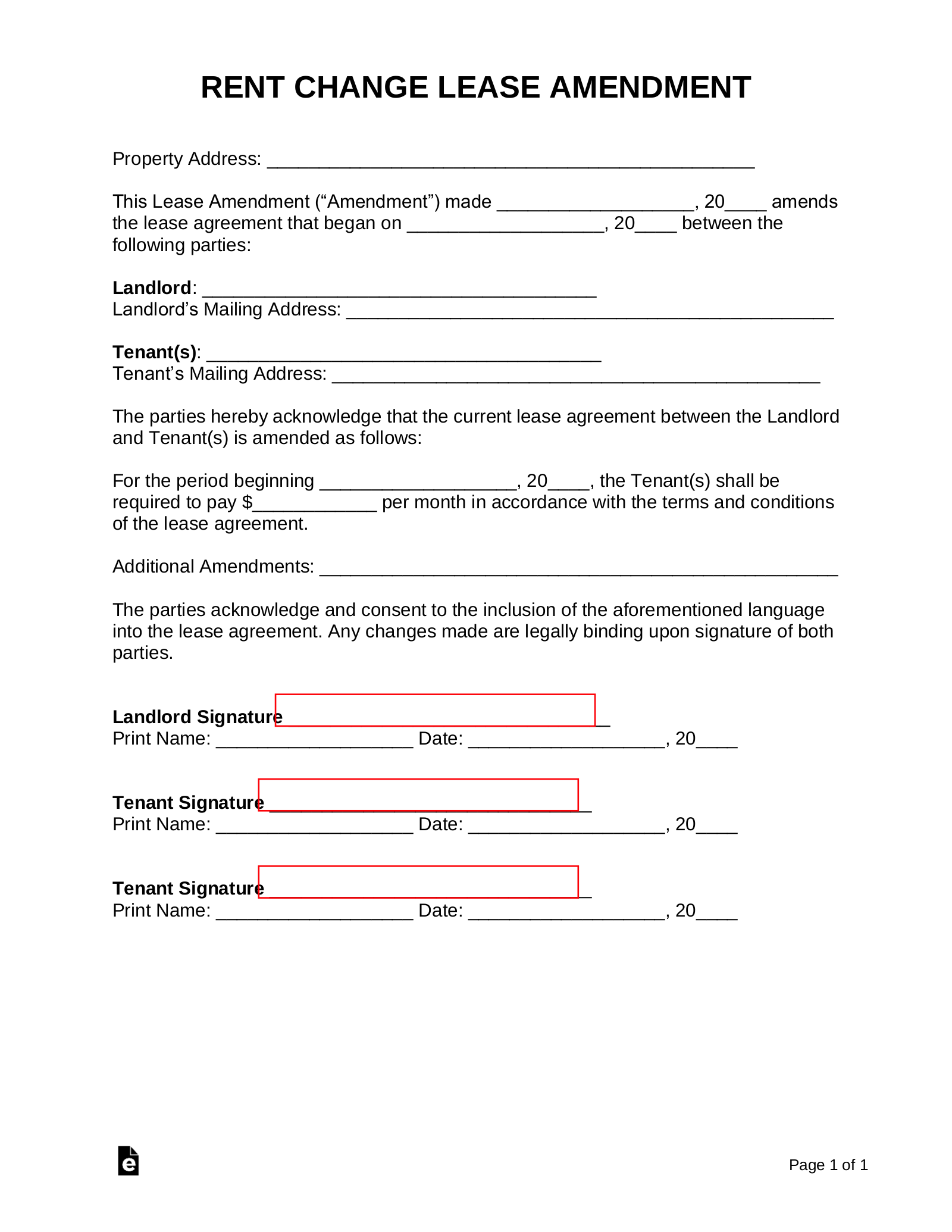 Free Increase Decrease Rent Lease Amendment PDF Word EForms
