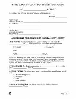 Alaska Marital Settlement (Divorce) Agreement