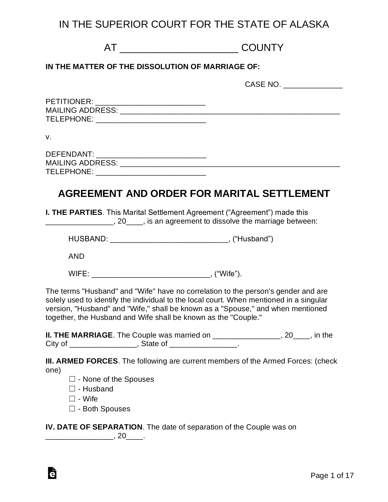 Free Alaska Marital Settlement Divorce Agreement Pdf Word Eforms
