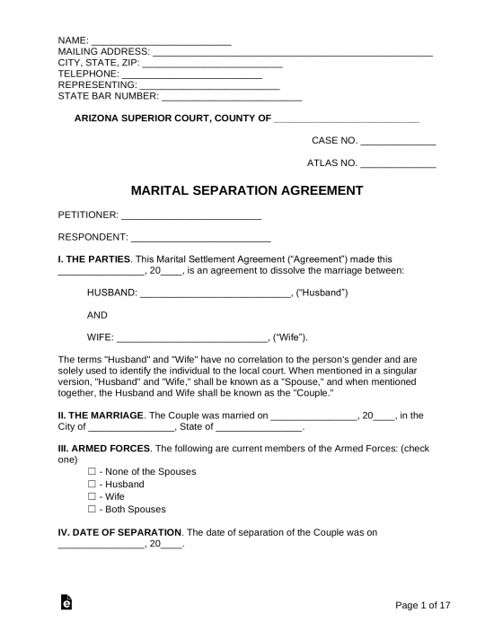 Arizona Marital Settlement (Divorce) Agreement