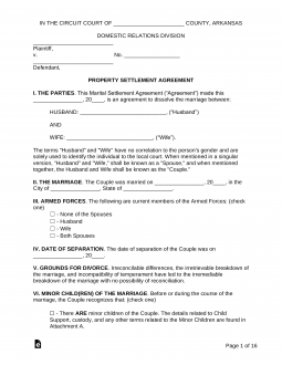Arkansas Marital Settlement (Divorce) Agreement