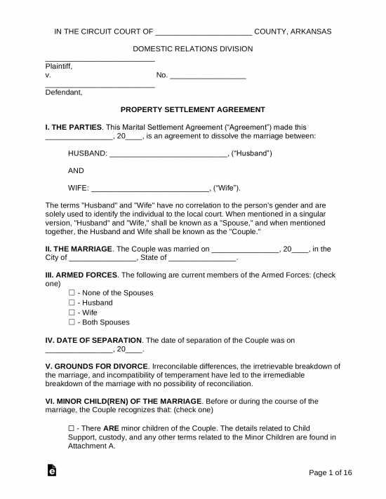 Free Arkansas Marital Settlement (Divorce) Agreement PDF Word eForms