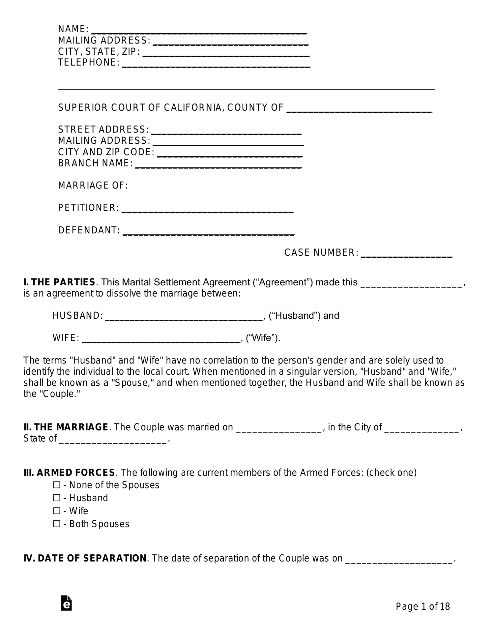 Free California Marital Settlement (Divorce) Agreement PDF Word eForms