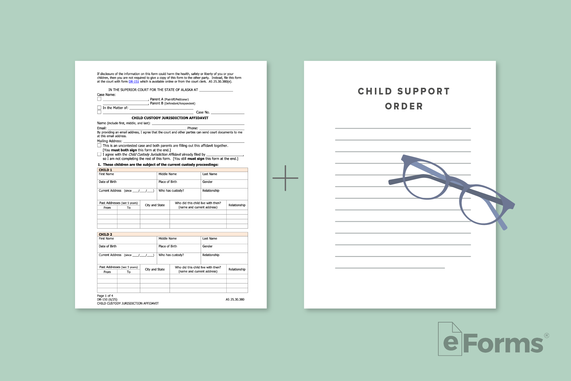 Pair of Child Support and Custody documents with reading glasses.