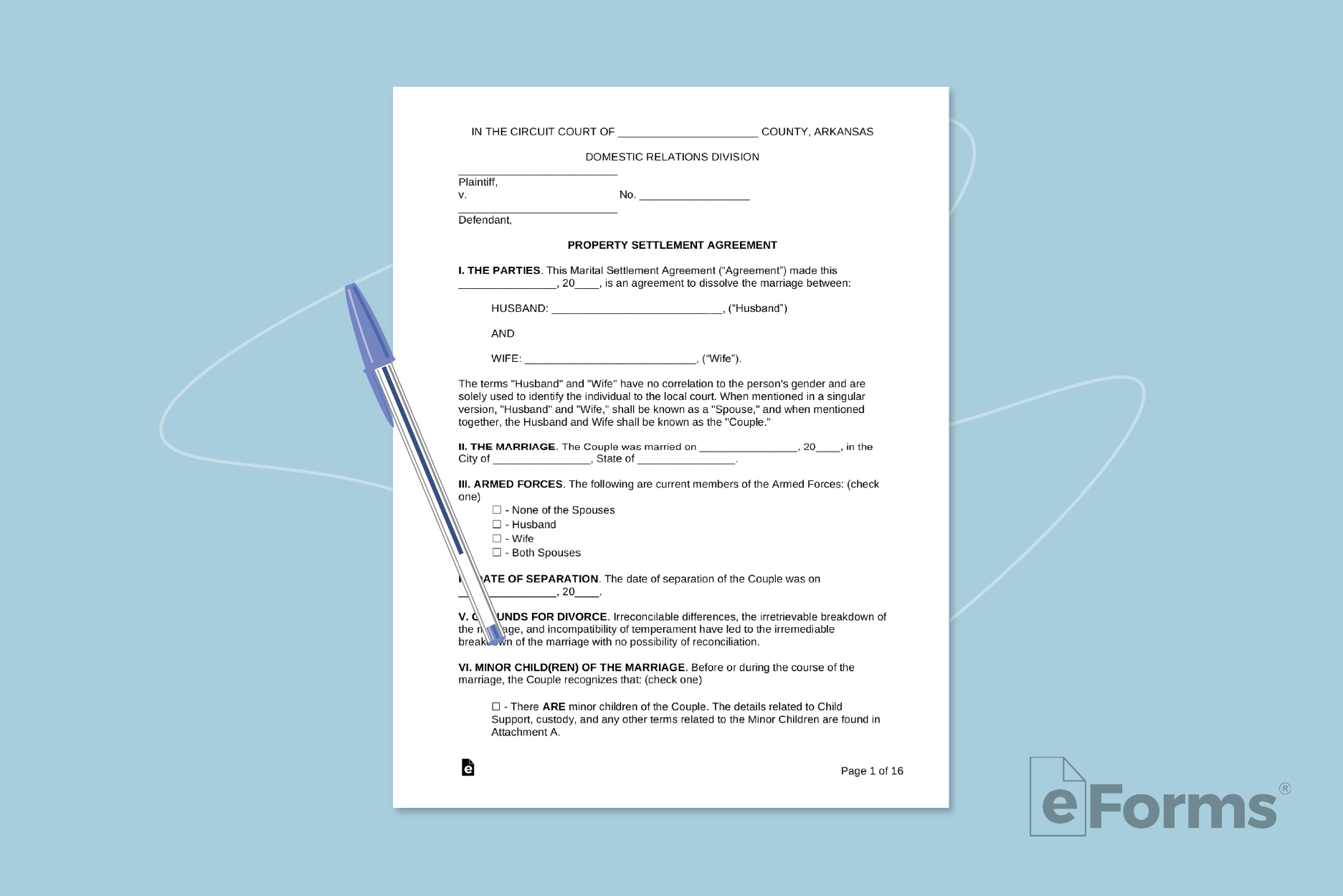 Complaint for Divorce document with ball point pen.