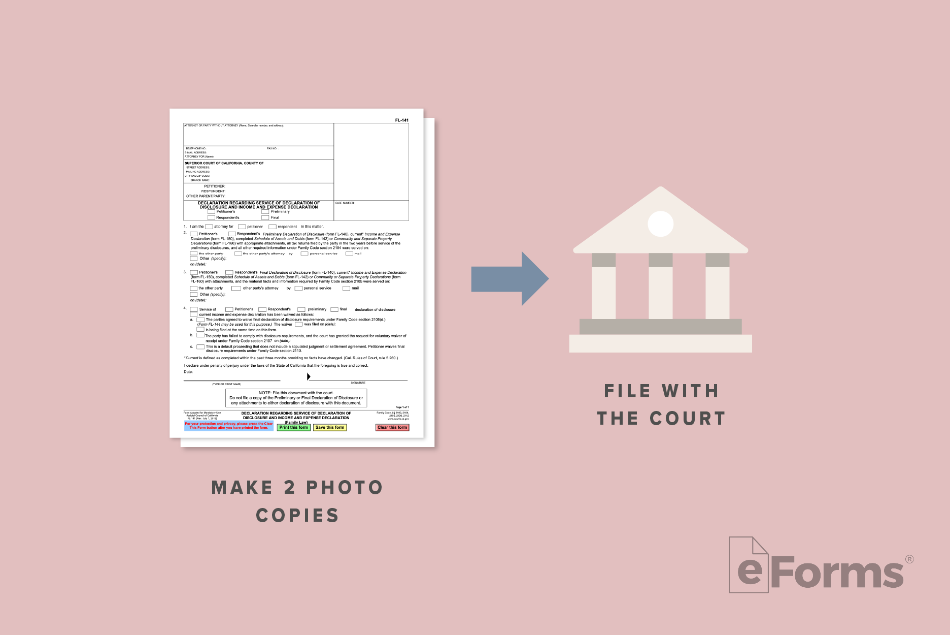 Pair of documents with arrow pointing to icon of court building.