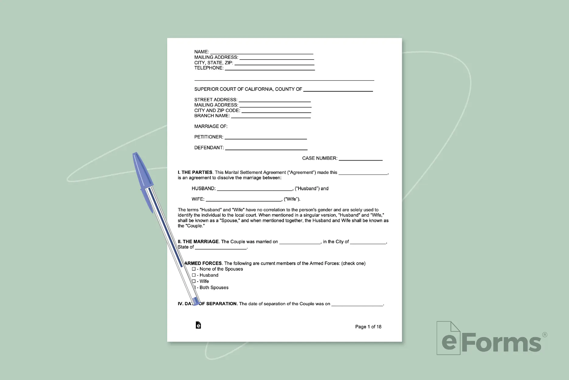 Marital Settlement Agreement with ball point pen.