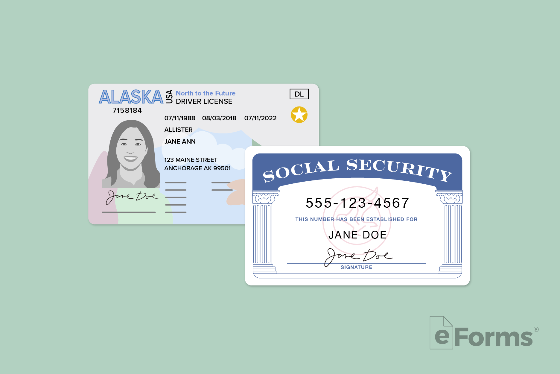 Alaska Drivers License and Social Security card.