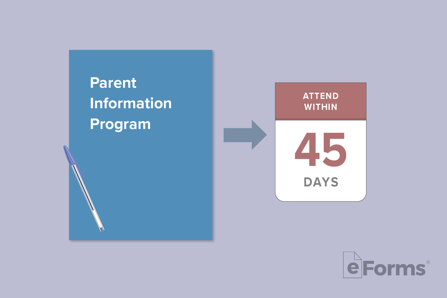 Parenting Program folder and pen with arrow pointing to calendar page with 45 Days.
