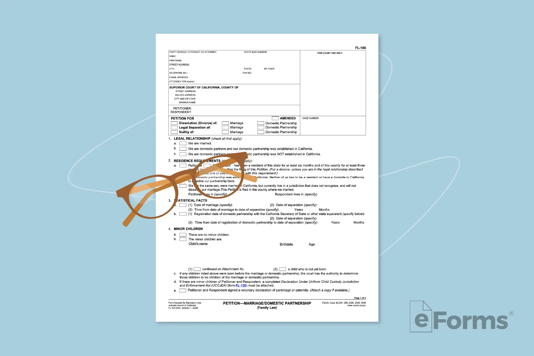 Petition for Divorce form with a pair of glasses.