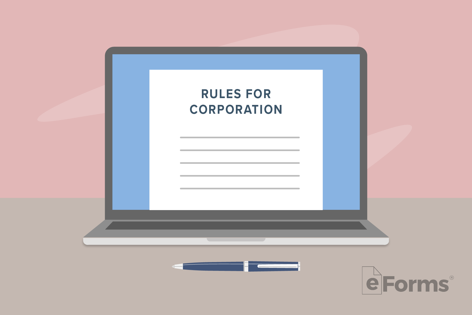Laptop open with "Rules for corporation" displayed on document.