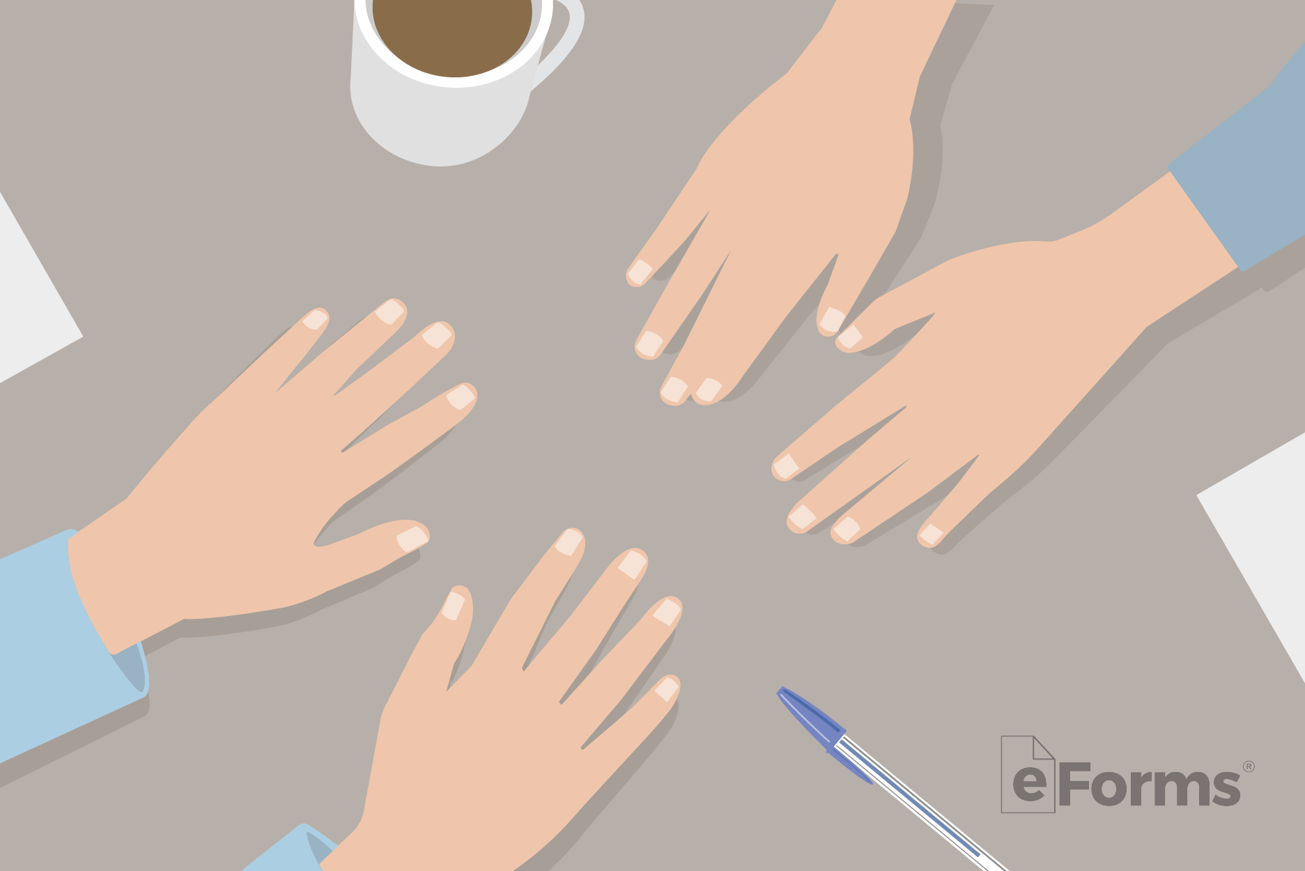 Two pairs of hands seen from above on table. 