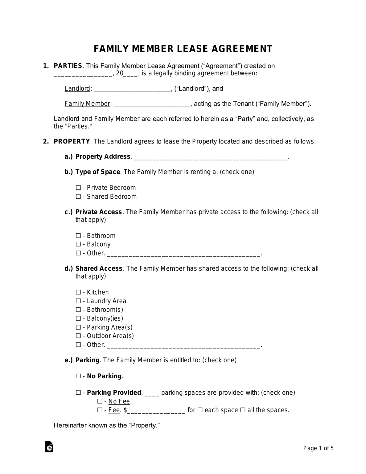 Family Member Printable Rental Agreement Template