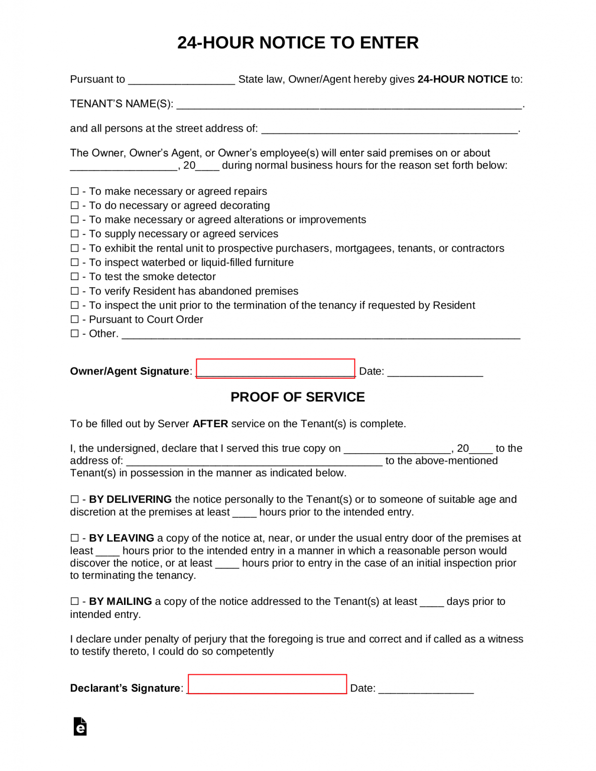 free 24 hour notice to enter landlord to tenant pdf word eforms