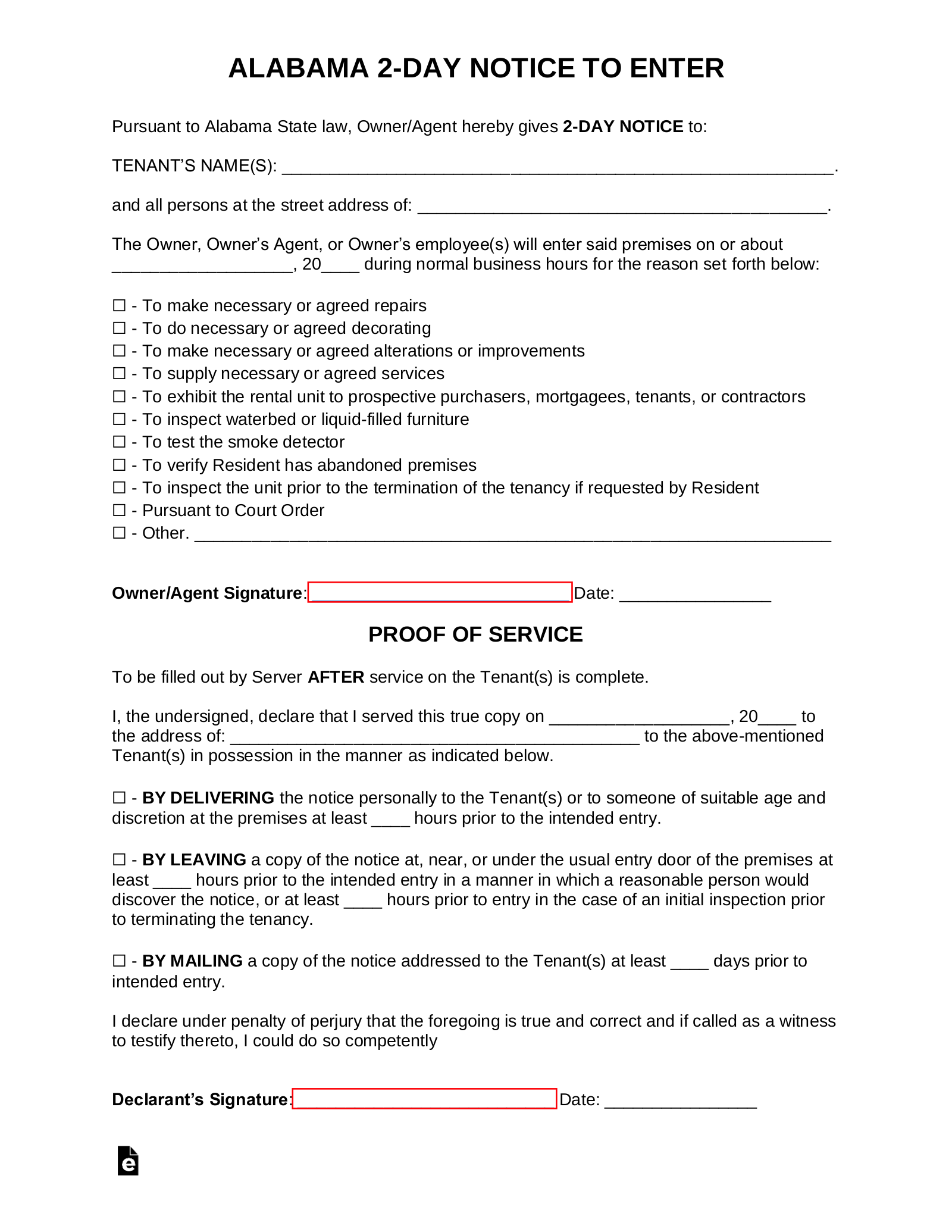 Alabama 2-Day Landlord Notice to Enter Form