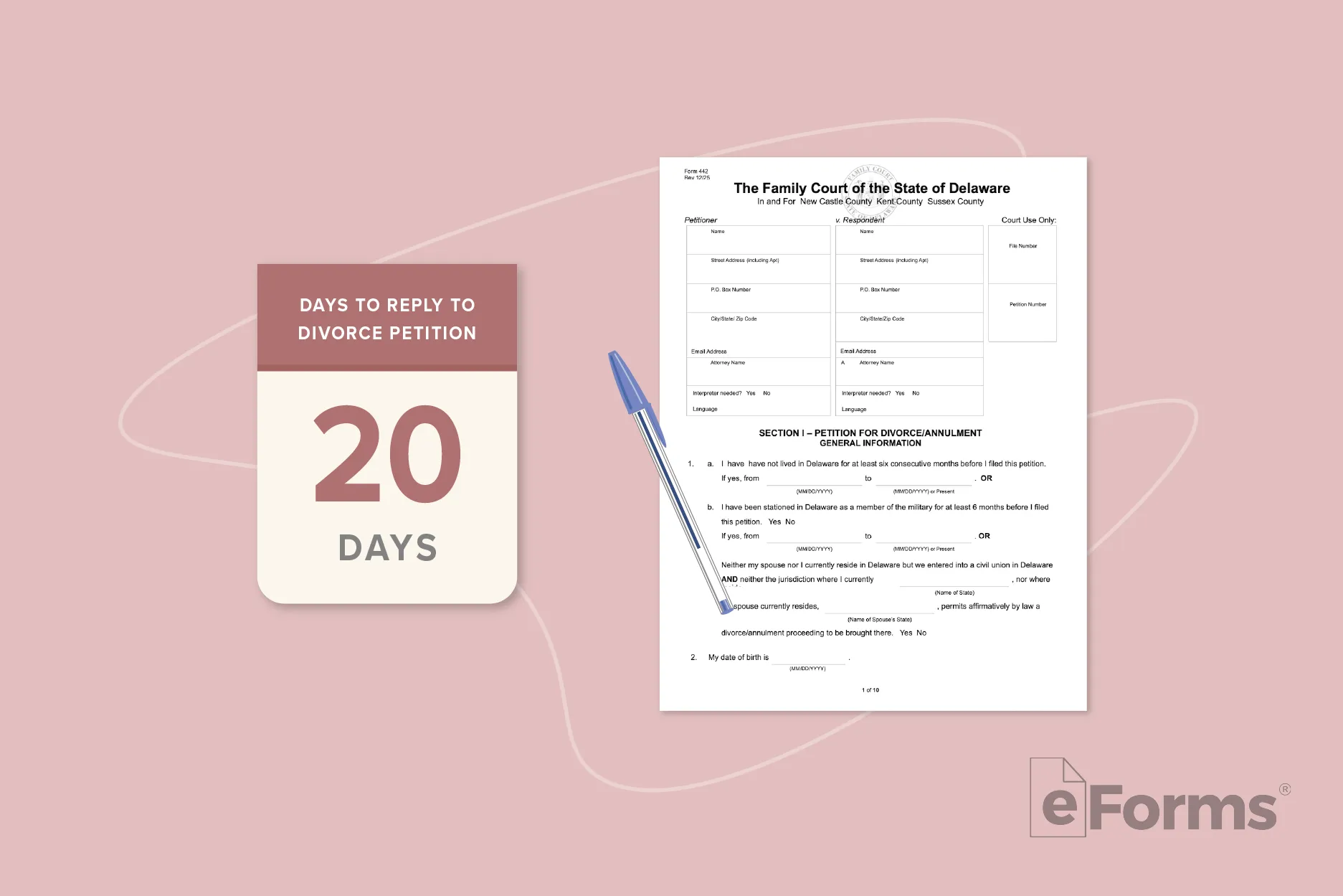 Calendar page that reads "20 Days" next to Divorce Petition and a ball point pen.