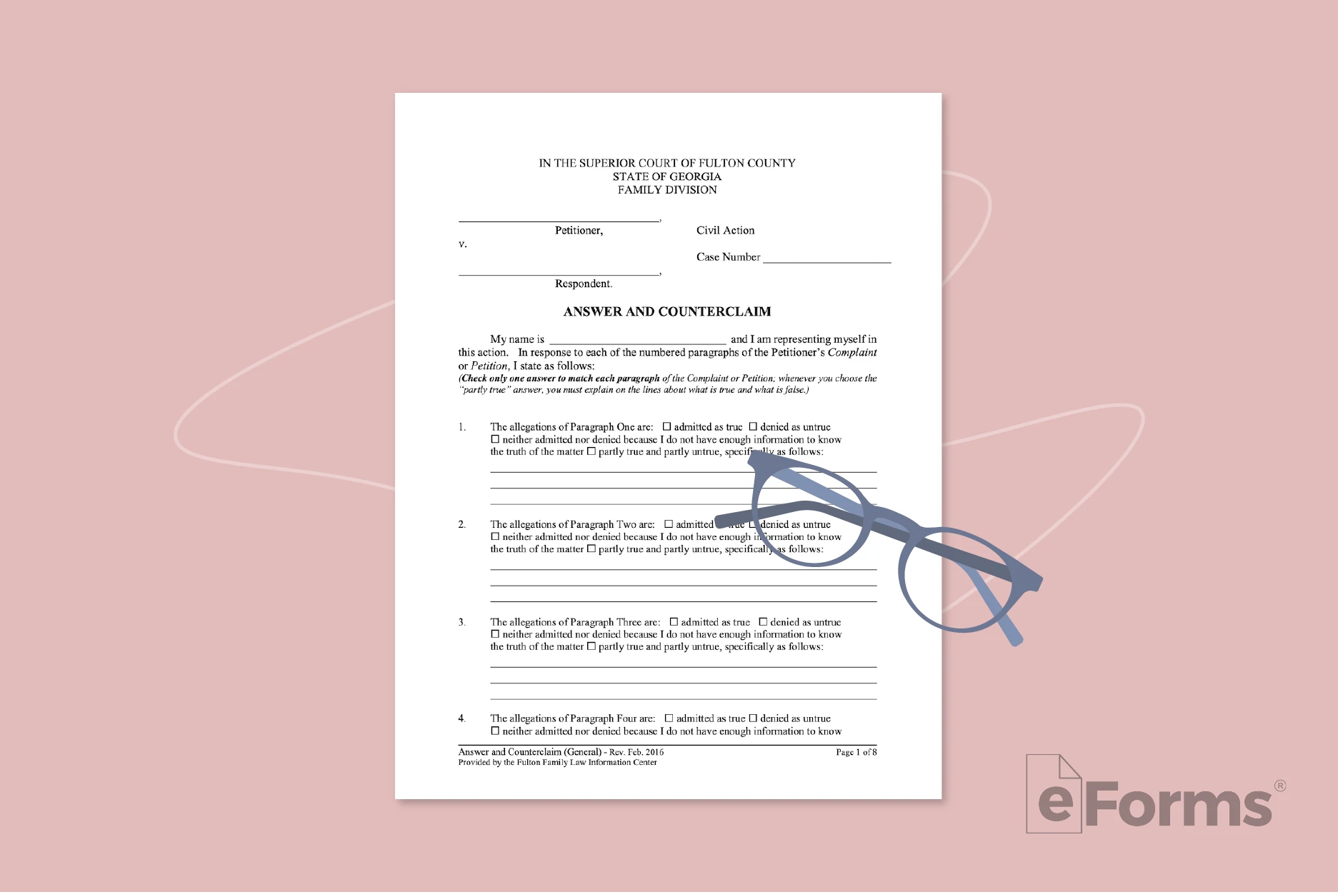 Answer Petition with pair of reading glasses.