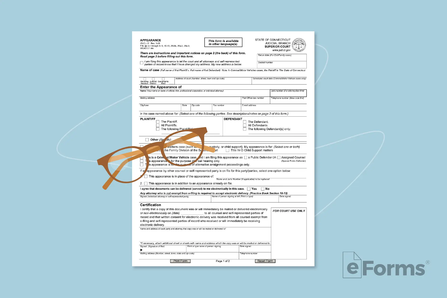 Appearance and Answer form with pair of glasses.