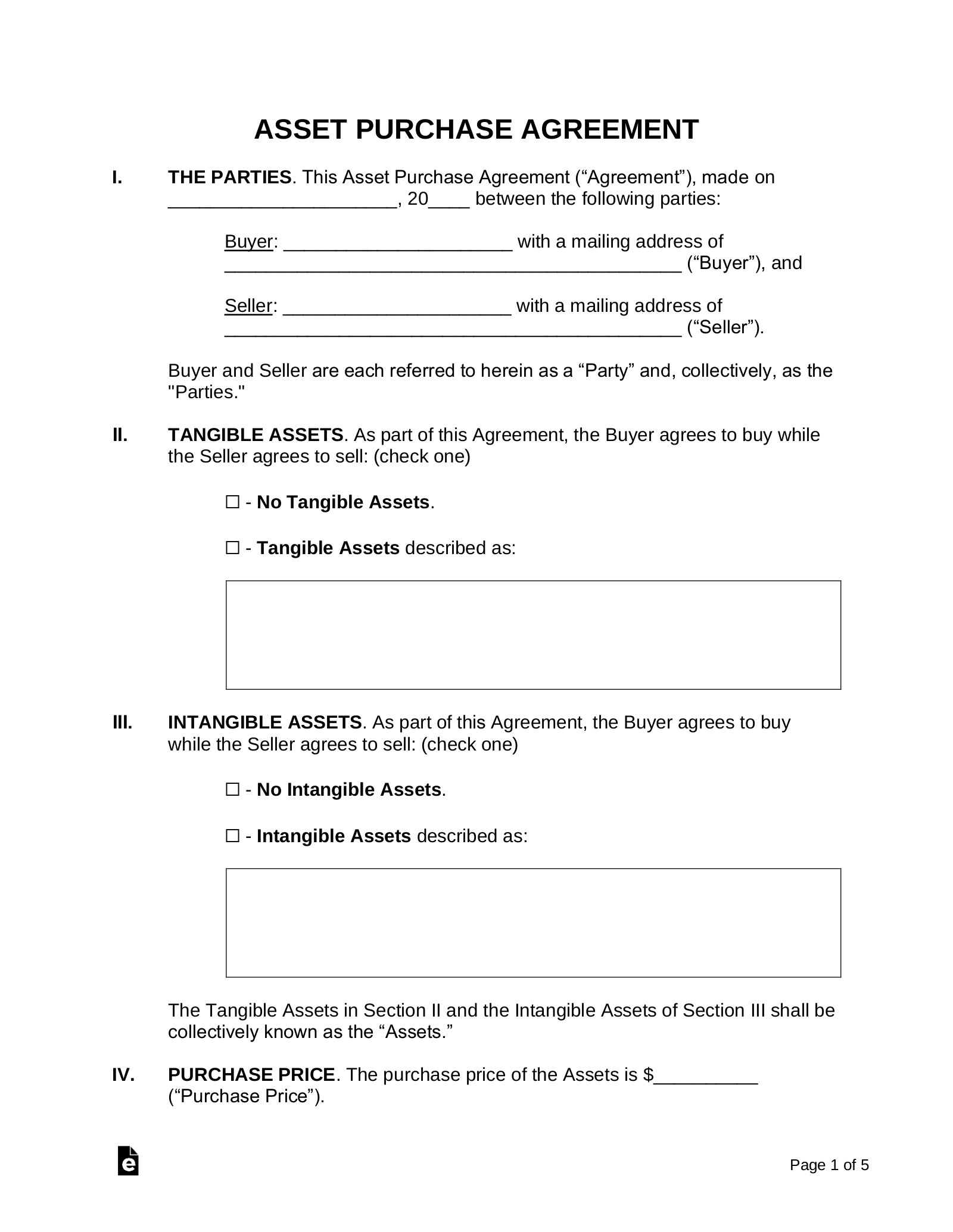 Free Asset Purchase Agreement Template PDF Word EForms