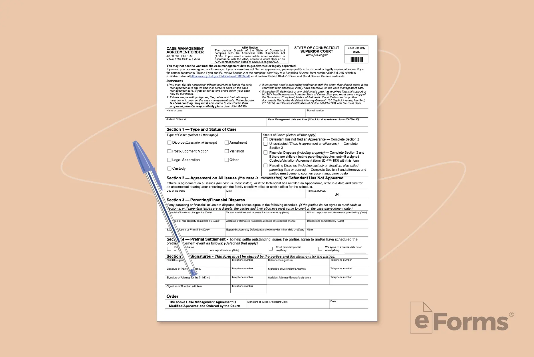 Case Management Agreement form with ball point pen.