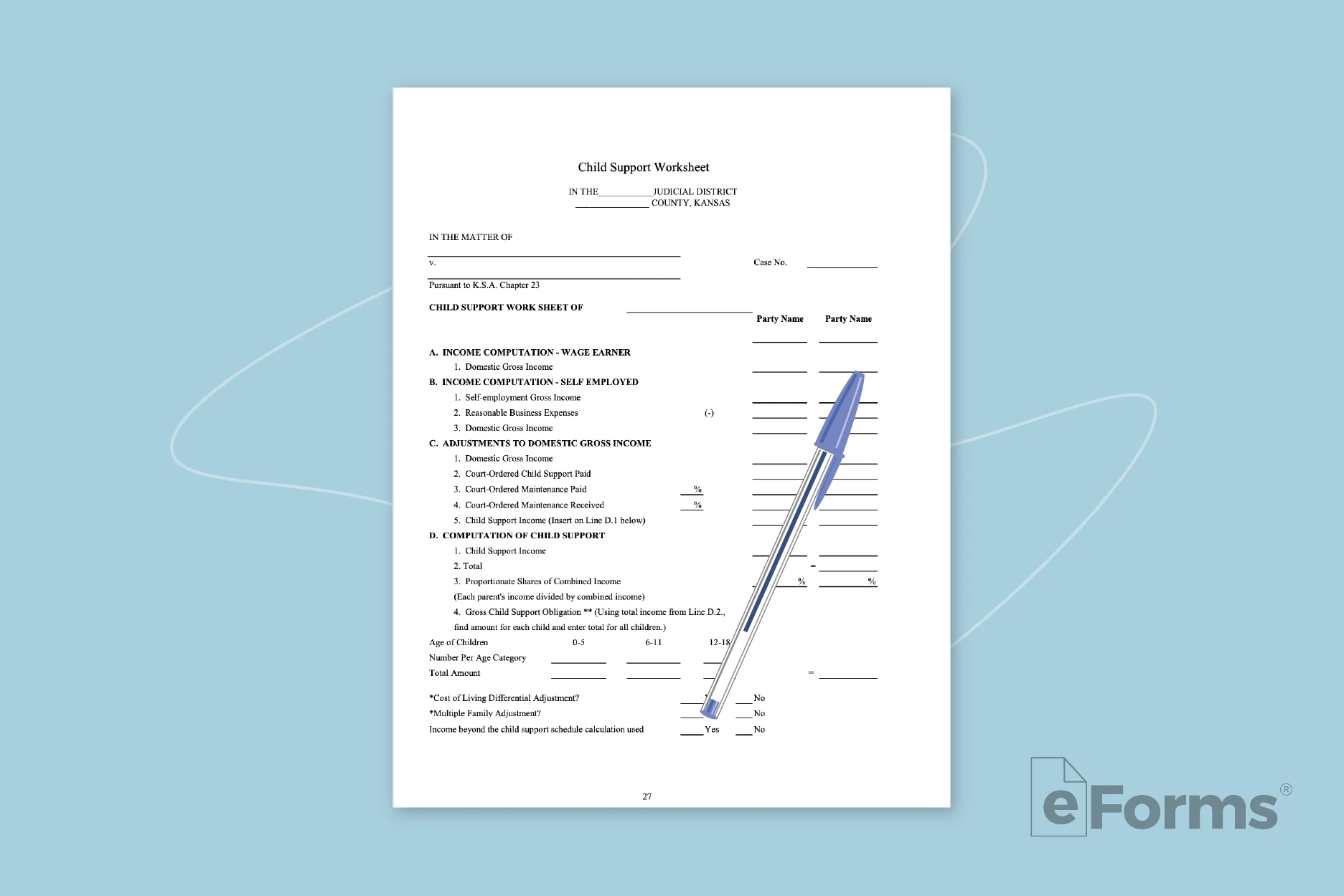Child Support Worksheet with ball point pen. 