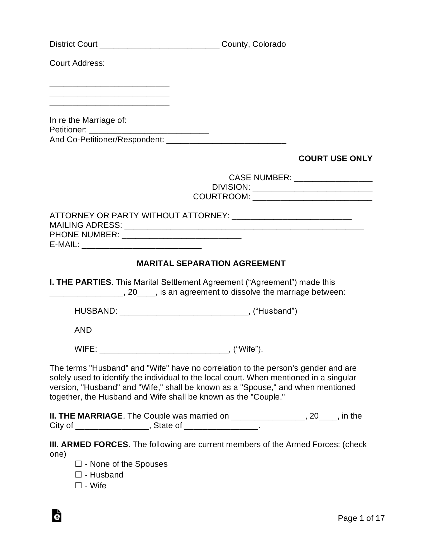Colorado Marital Settlement (Divorce) Agreement