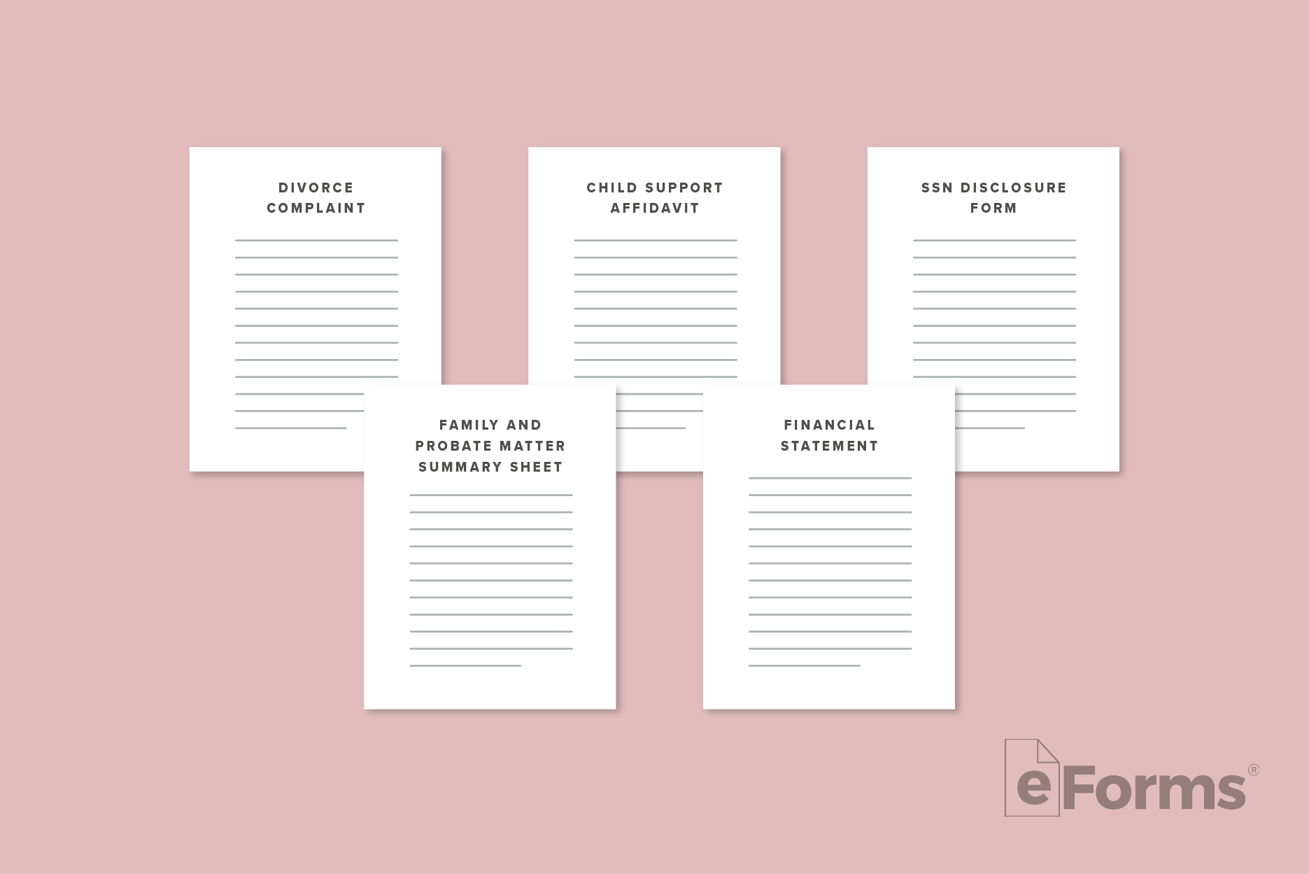 Lineup of 5 different divorce papers. 