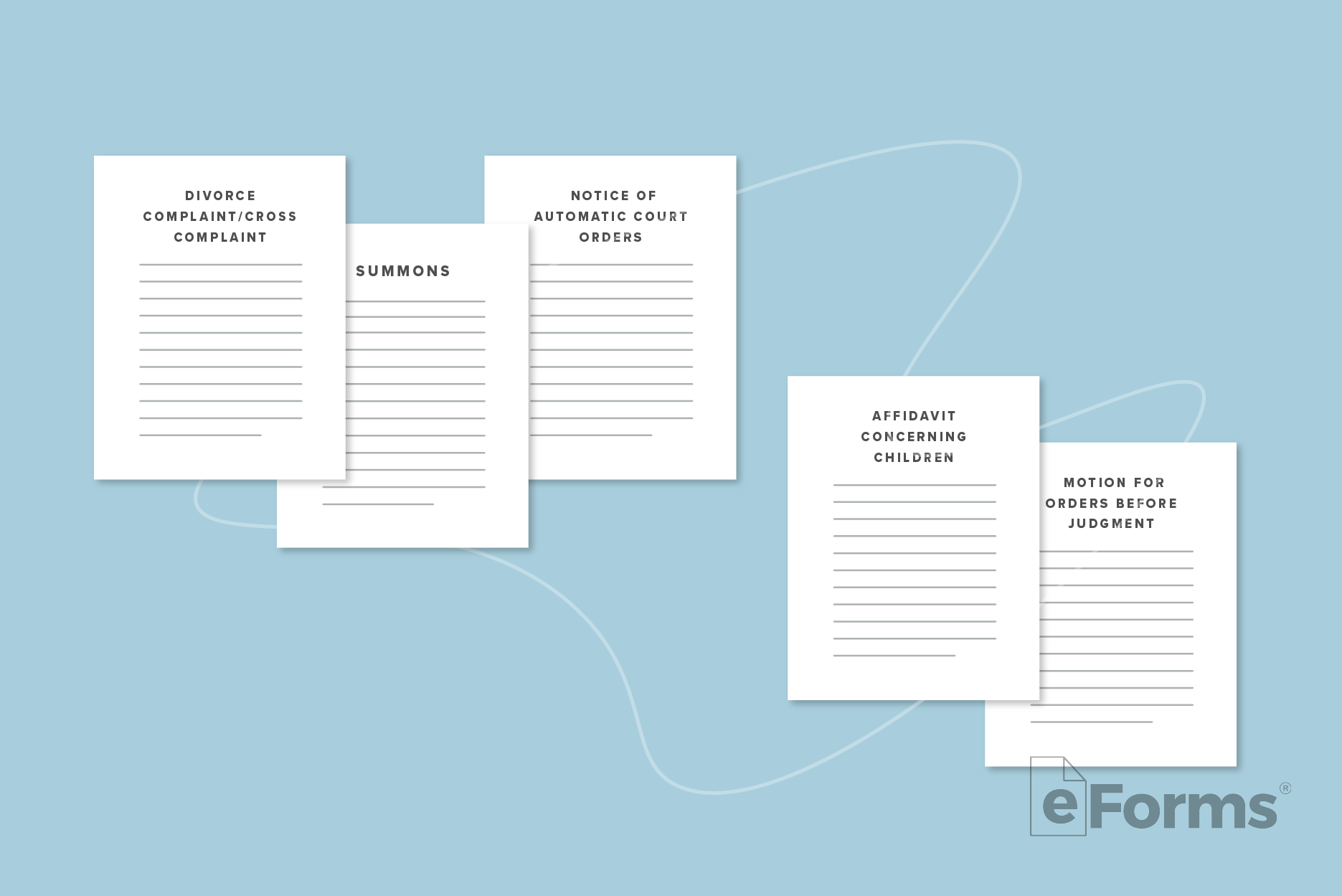 Flat lay of 5 required Divorce Forms.