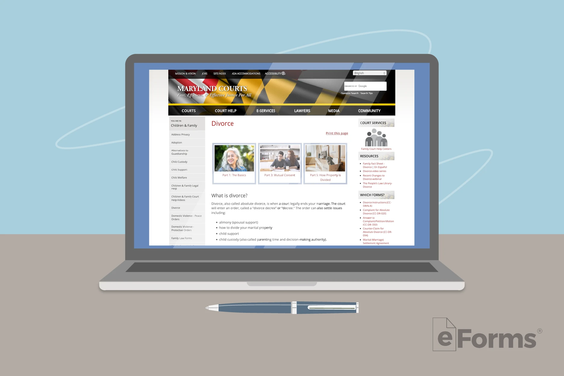 Laptop displaying Maryland website for Divorce.