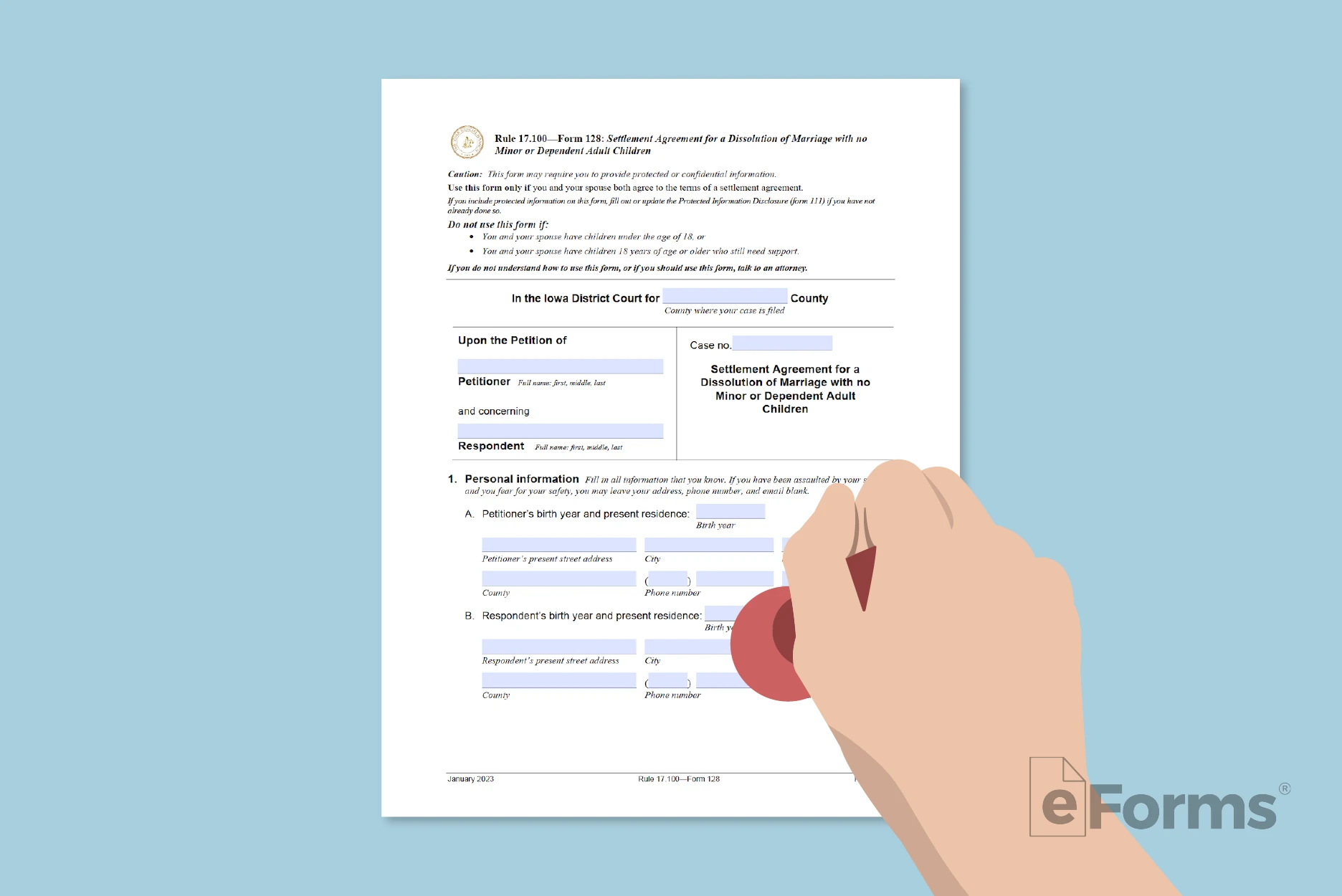 Divorce document with hand holding a notary stamp. 