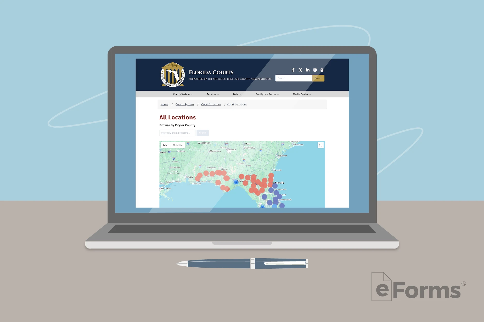Laptop displaying Florida Courts website.