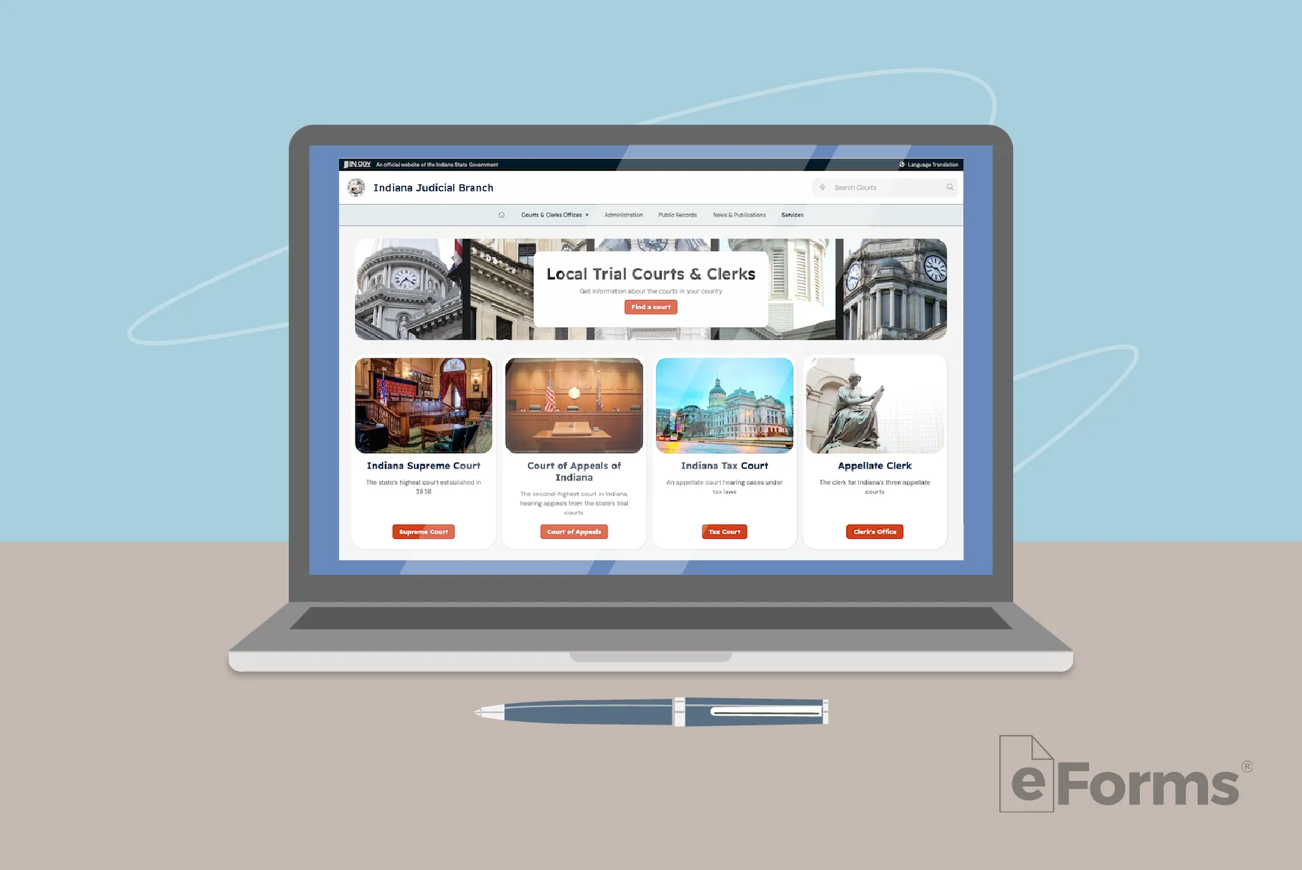 Laptop displaying Indiana Court website.