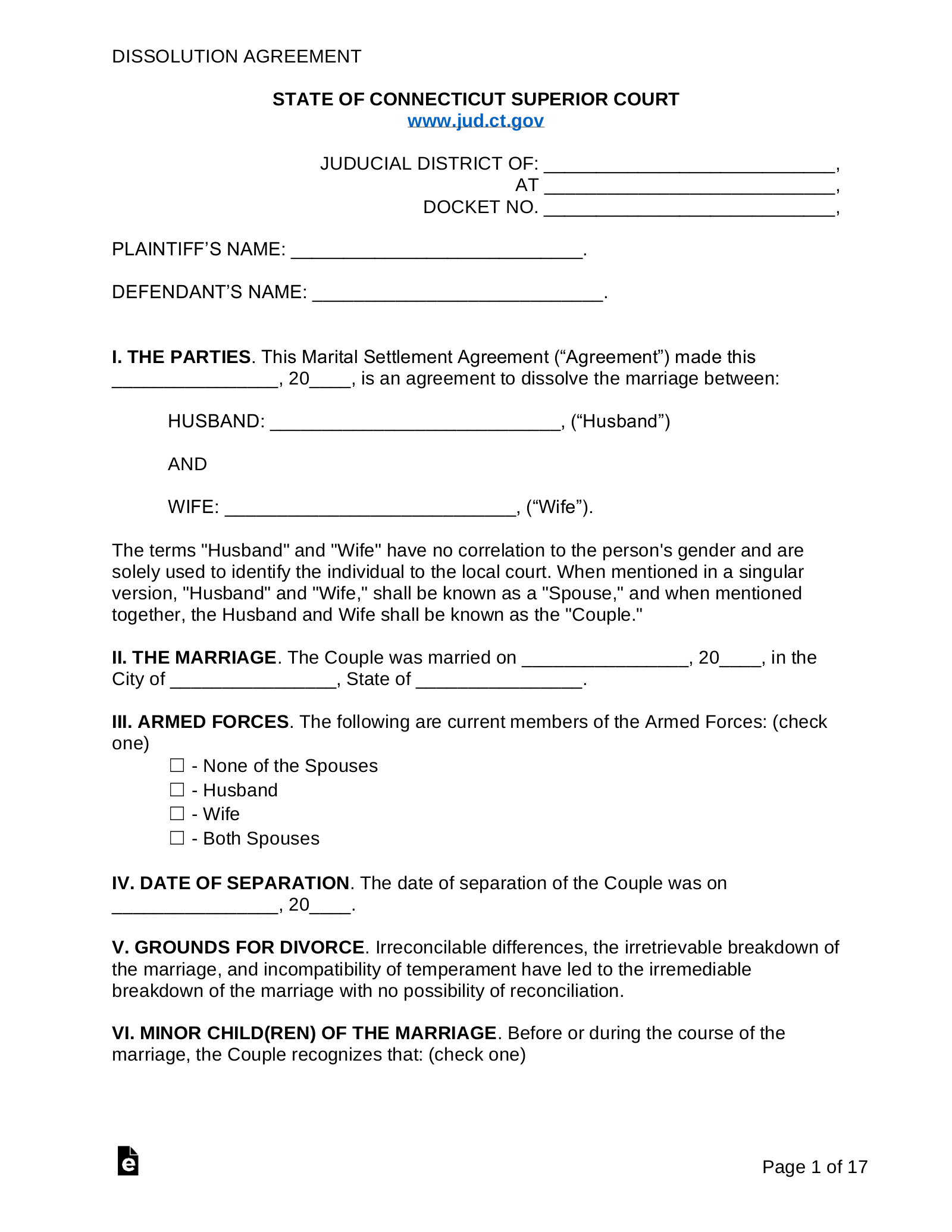 Connecticut Marital Settlement (Divorce) Agreement