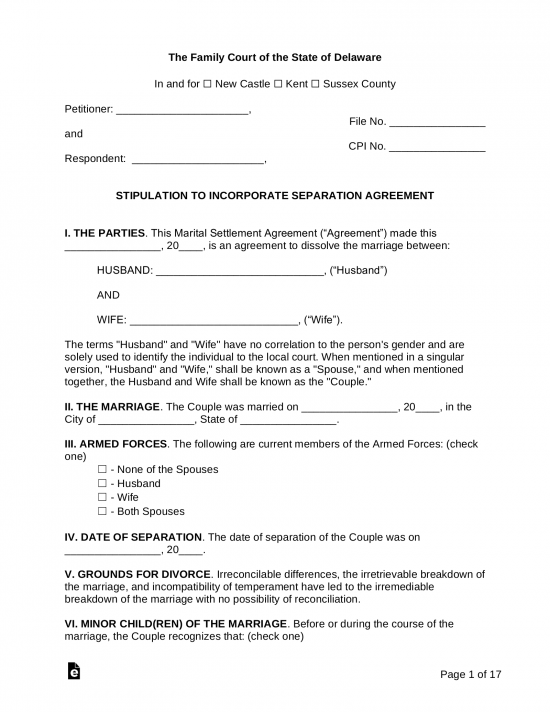 Delaware Marital Settlement (Divorce) Agreement