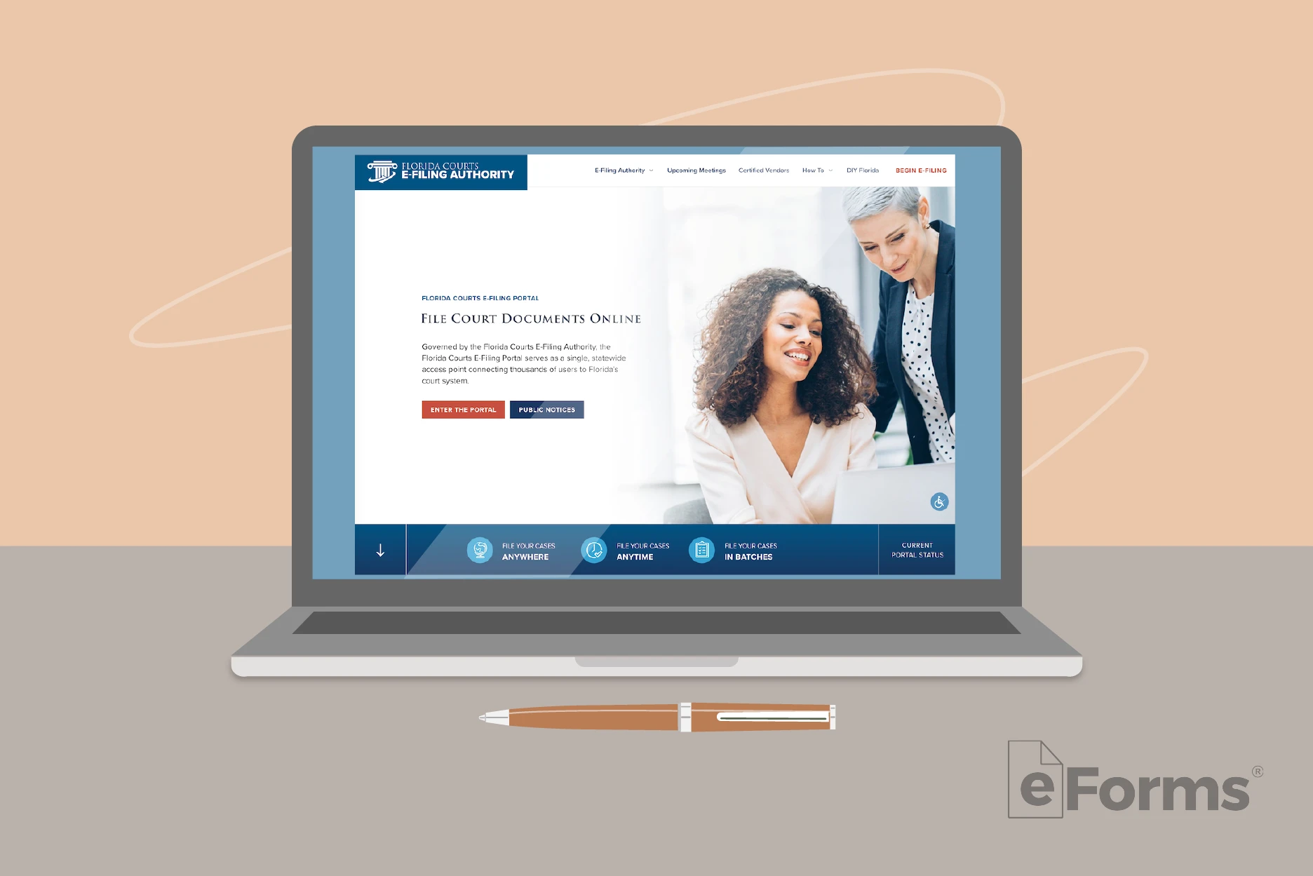 Laptop displaying Florida Courts e-filing website.