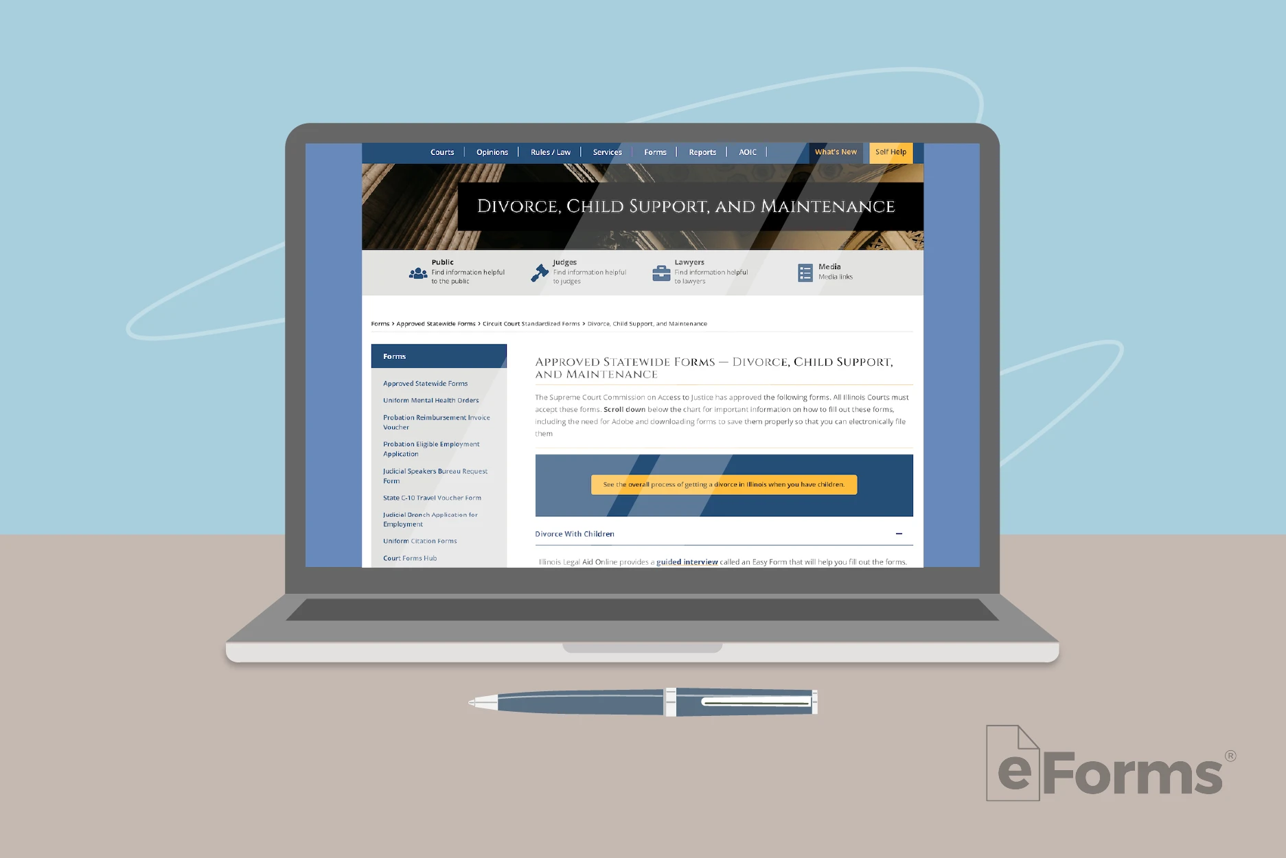 Laptop displaying Petition for Divorce web page.