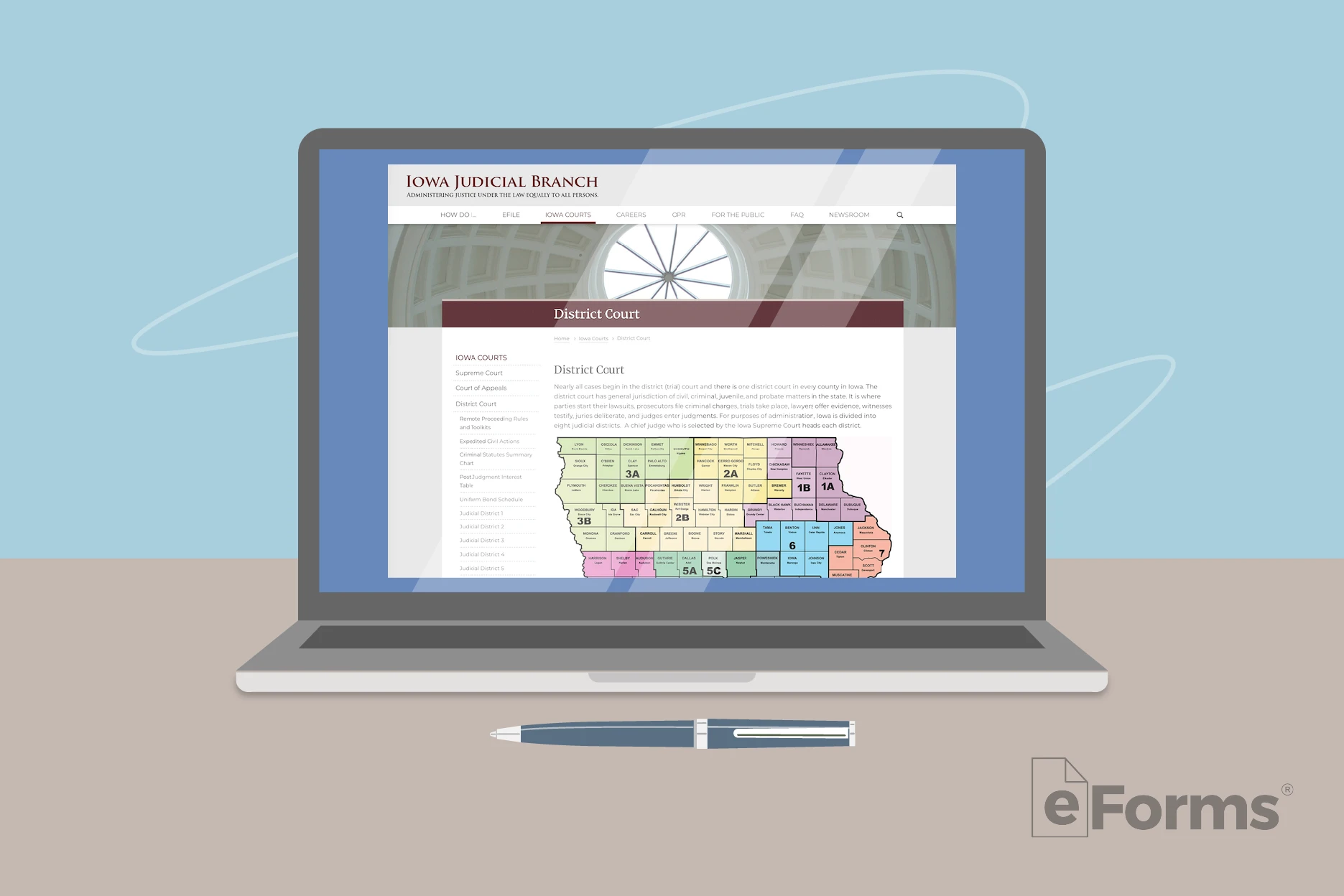 Laptop computer displaying Iowa courts system.